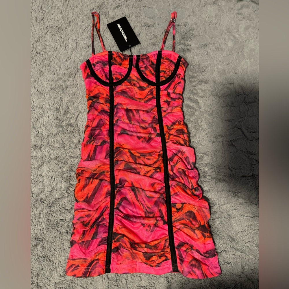 Printed Mesh Ruched Dress